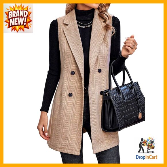 Sleeveless Tweed Vest Blazer Herringbone Fall Winter Outerwear Chic Classic